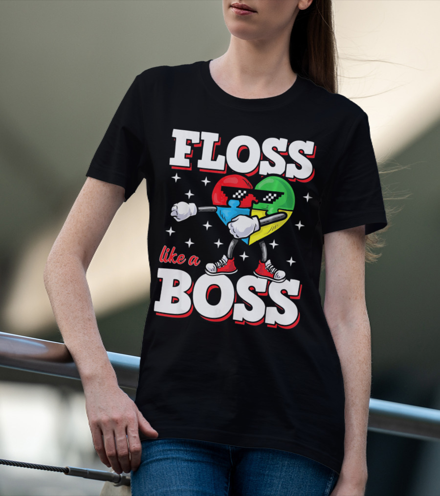 Floss Like A Boss Autism Awareness Heart With Cool Sunglasses T-Shirt