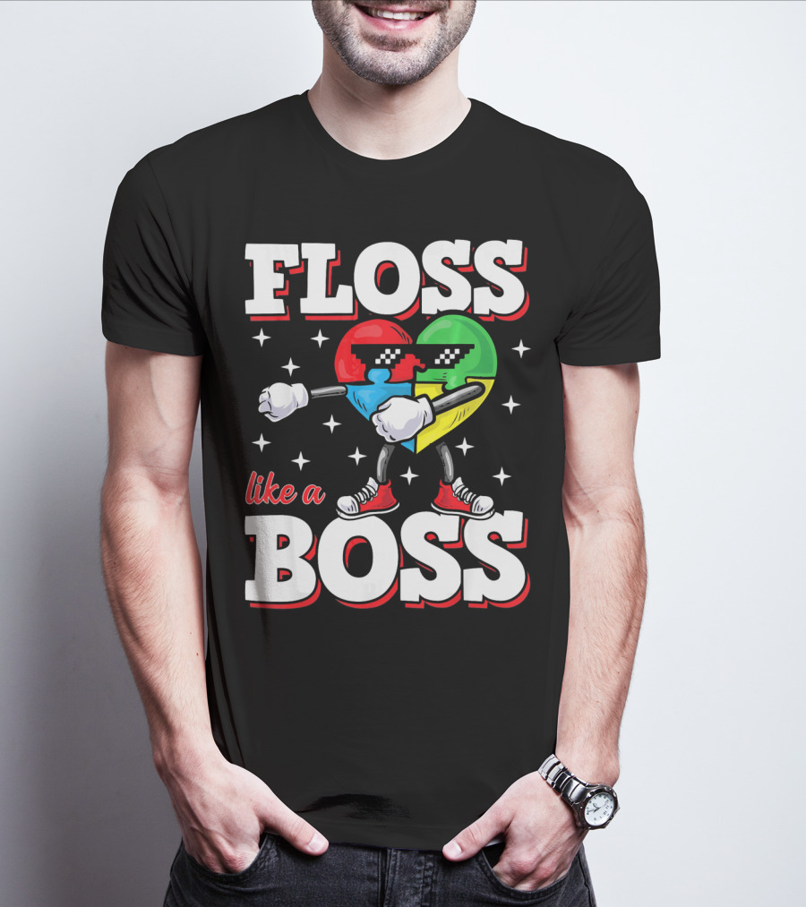 Floss Like A Boss Autism Awareness Heart With Cool Sunglasses T-Shirt