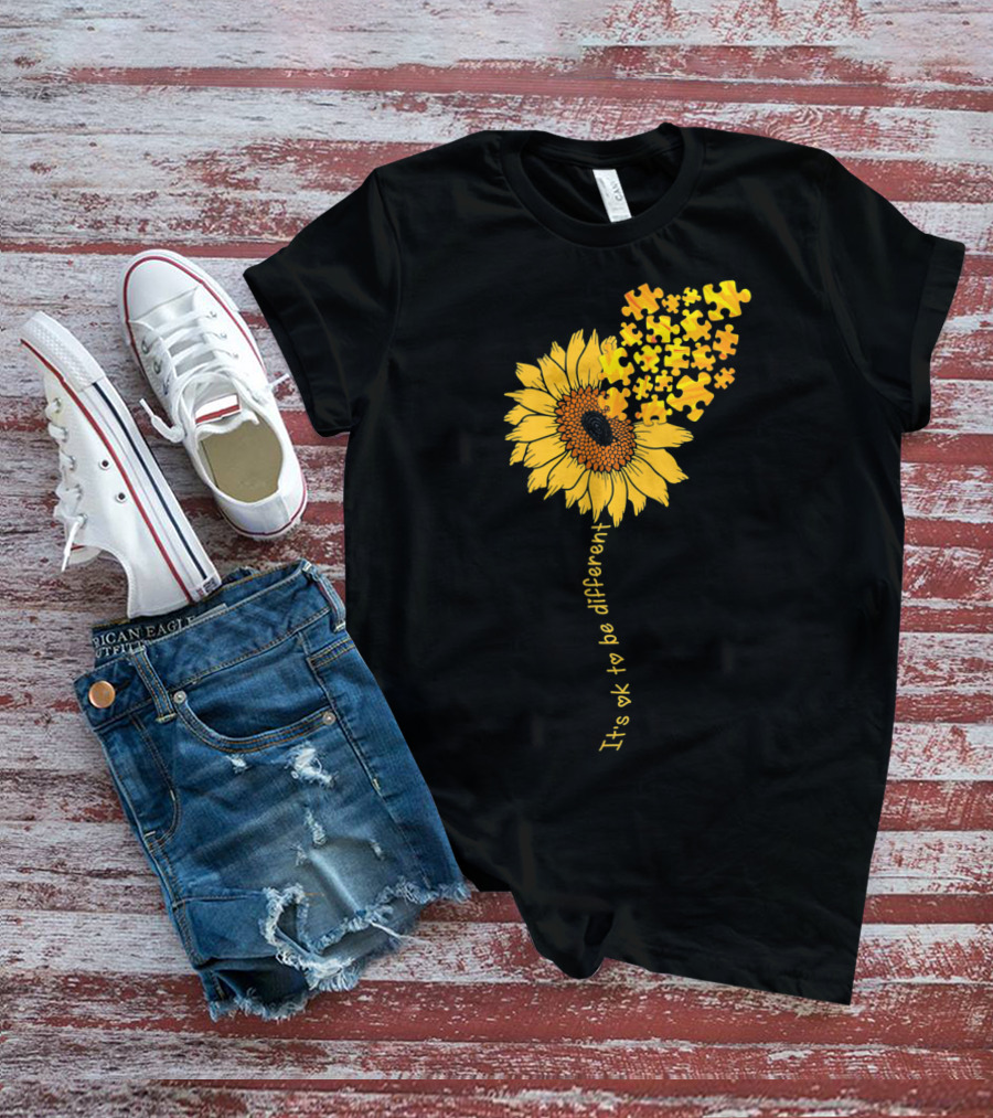 Love Sunflower Puzzle It's OK To Be Different Autism Awareness T-Shirt
