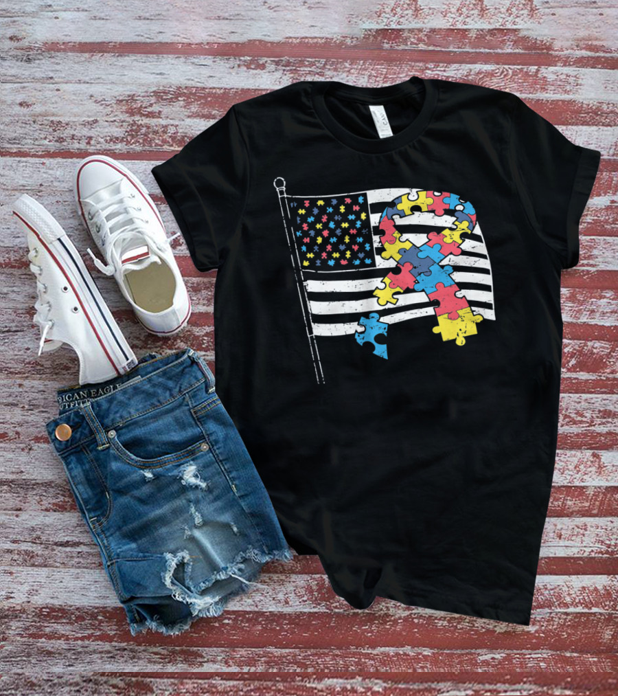 American Distressed Flag Puzzle Ribbon Autism Awareness T-Shirt