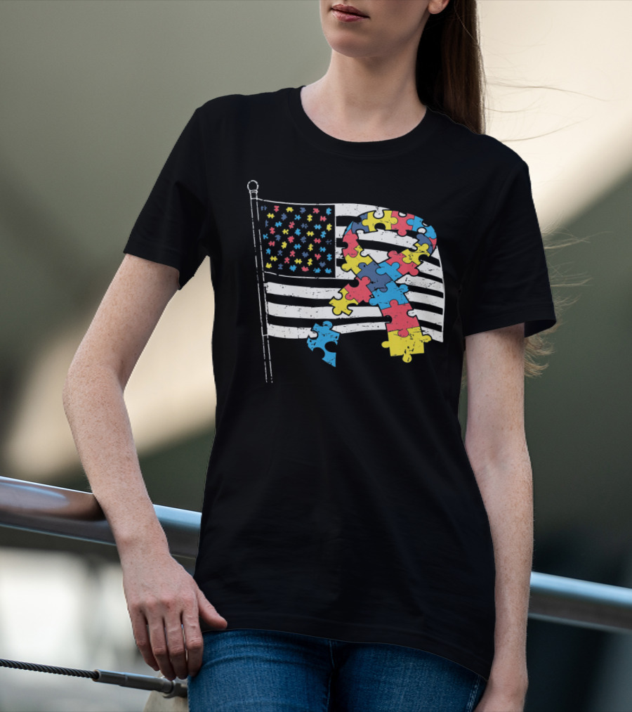 American Distressed Flag Puzzle Ribbon Autism Awareness T-Shirt