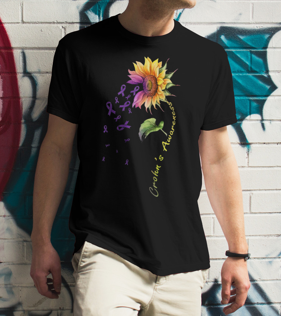 Crohn's Awareness Sunflower With Purple Ribbons T-Shirt