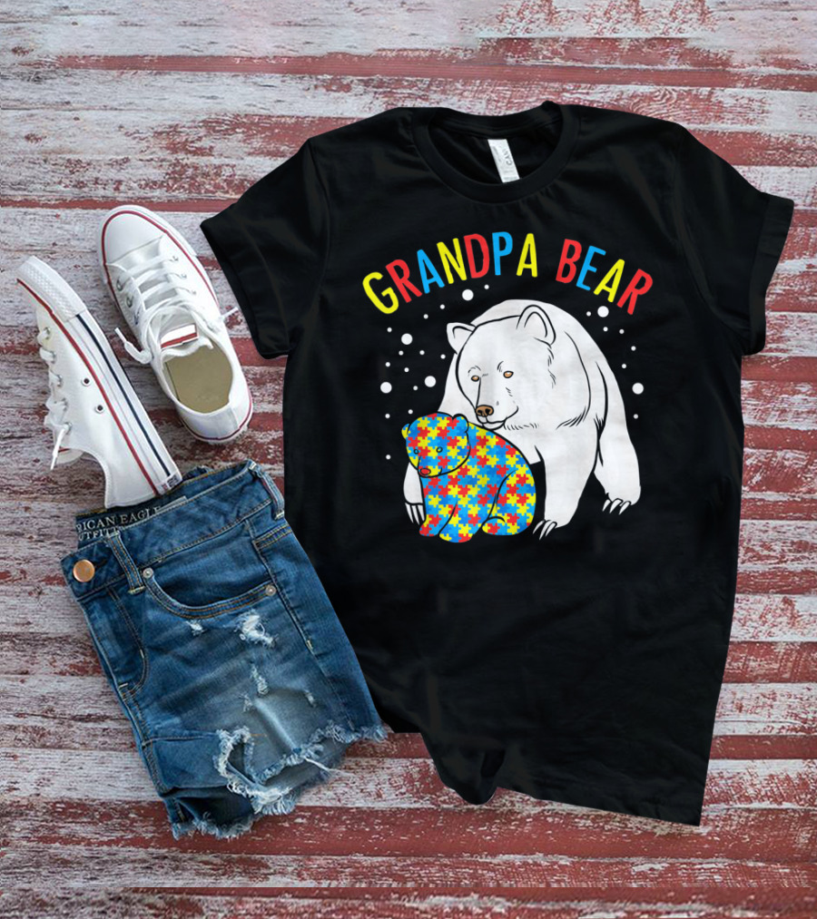 Grandpa Bear Mens Autism Awareness Puzzle Bear T-Shirt
