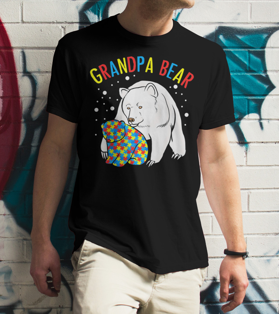 Grandpa Bear Mens Autism Awareness Puzzle Bear T-Shirt