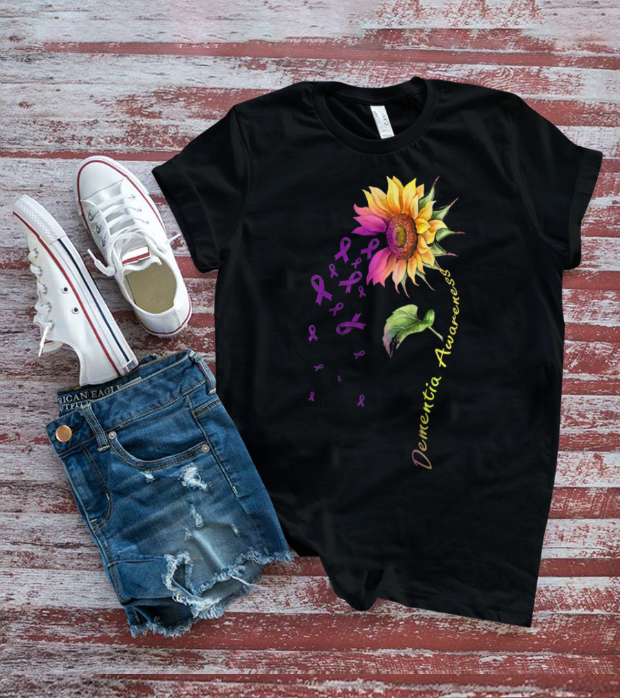 Dementia Awareness Sunflower With Purple Ribbons T-Shirt