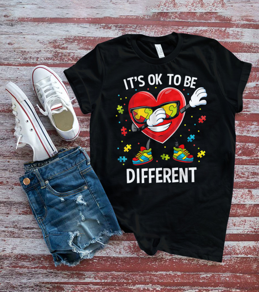 It's OK To Be Different Dabbing Heart Puzzle Pieces Auti T-Shirt