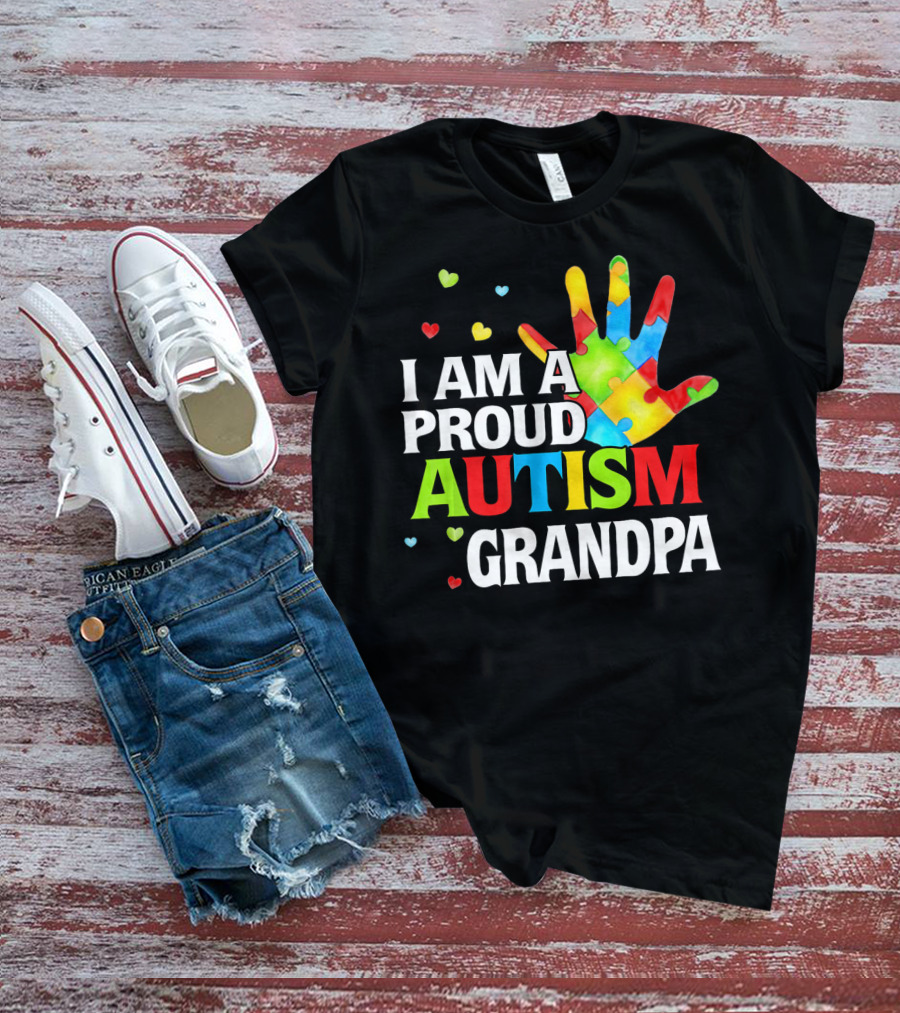 I Am A Proud Autism Grandpa Colorful Puzzle Hand Heart Accents T-Shirt