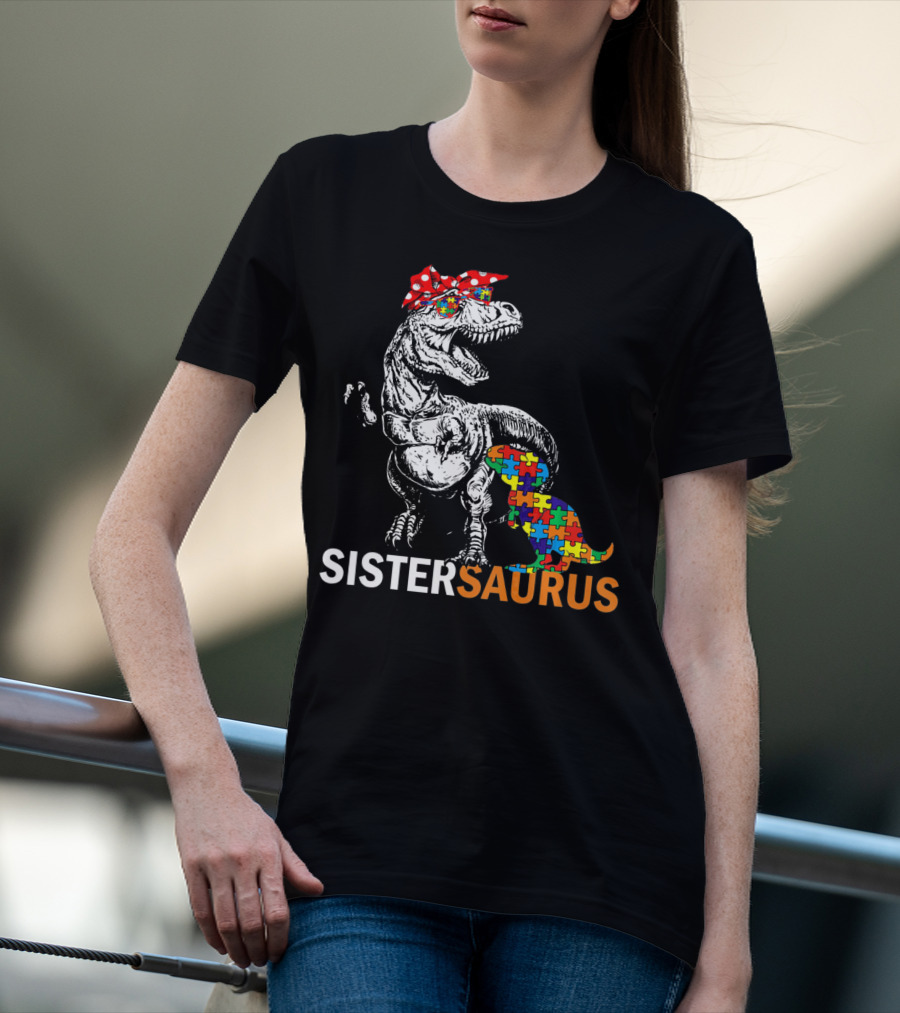 Sister Saurus Autism Awareness Dinosaur Puzzle Print T-Shirt