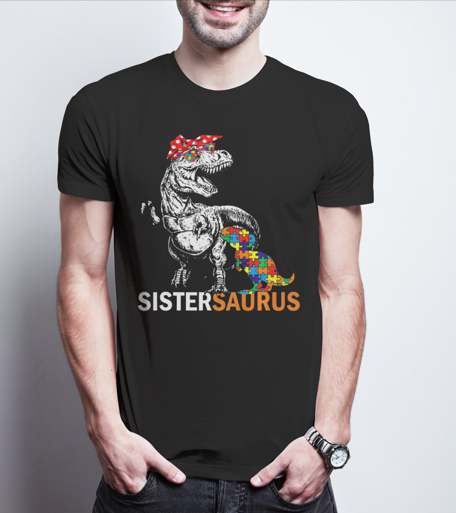 Sister Saurus Autism Awareness Dinosaur Puzzle Print T-Shirt
