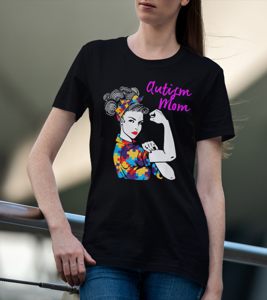 Autism Mom Awareness Iconic Rosie The Riveter Puzzle T-Shirt