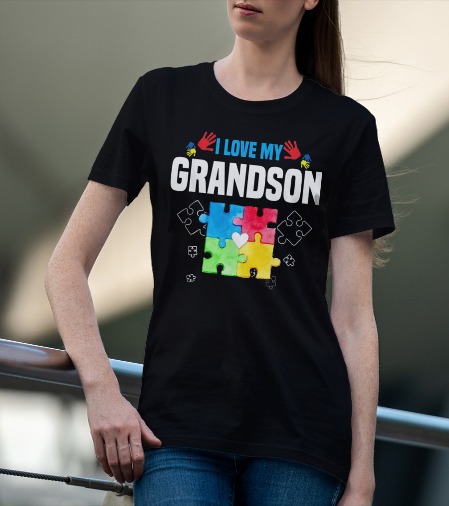 I Love My Grandson Autism Awareness Puzzle Pieces And Colorful Handprints T-Shirt