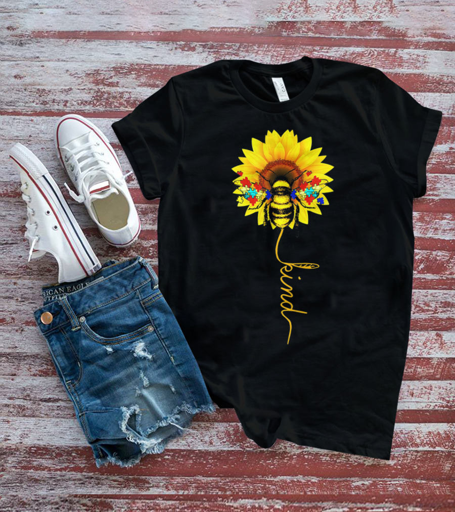 Bee Kind Autism Awareness Sunflower Puzzle T-Shirt