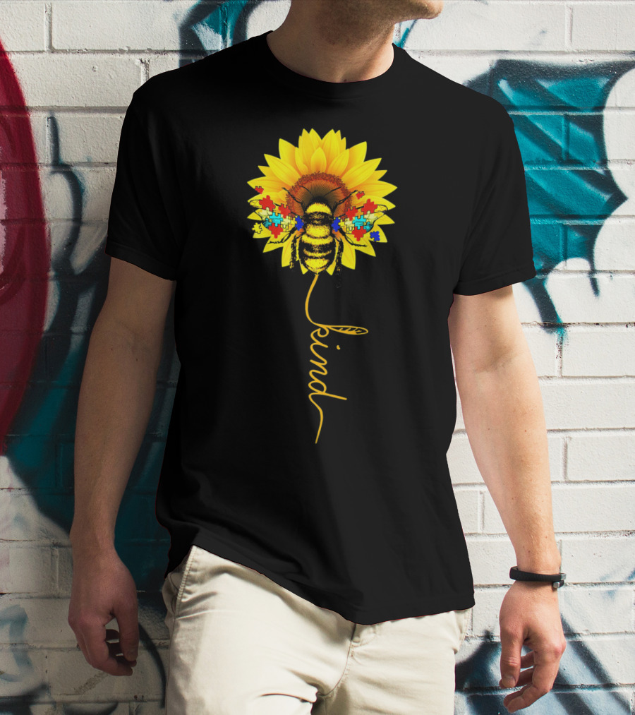 Bee Kind Autism Awareness Sunflower Puzzle T-Shirt