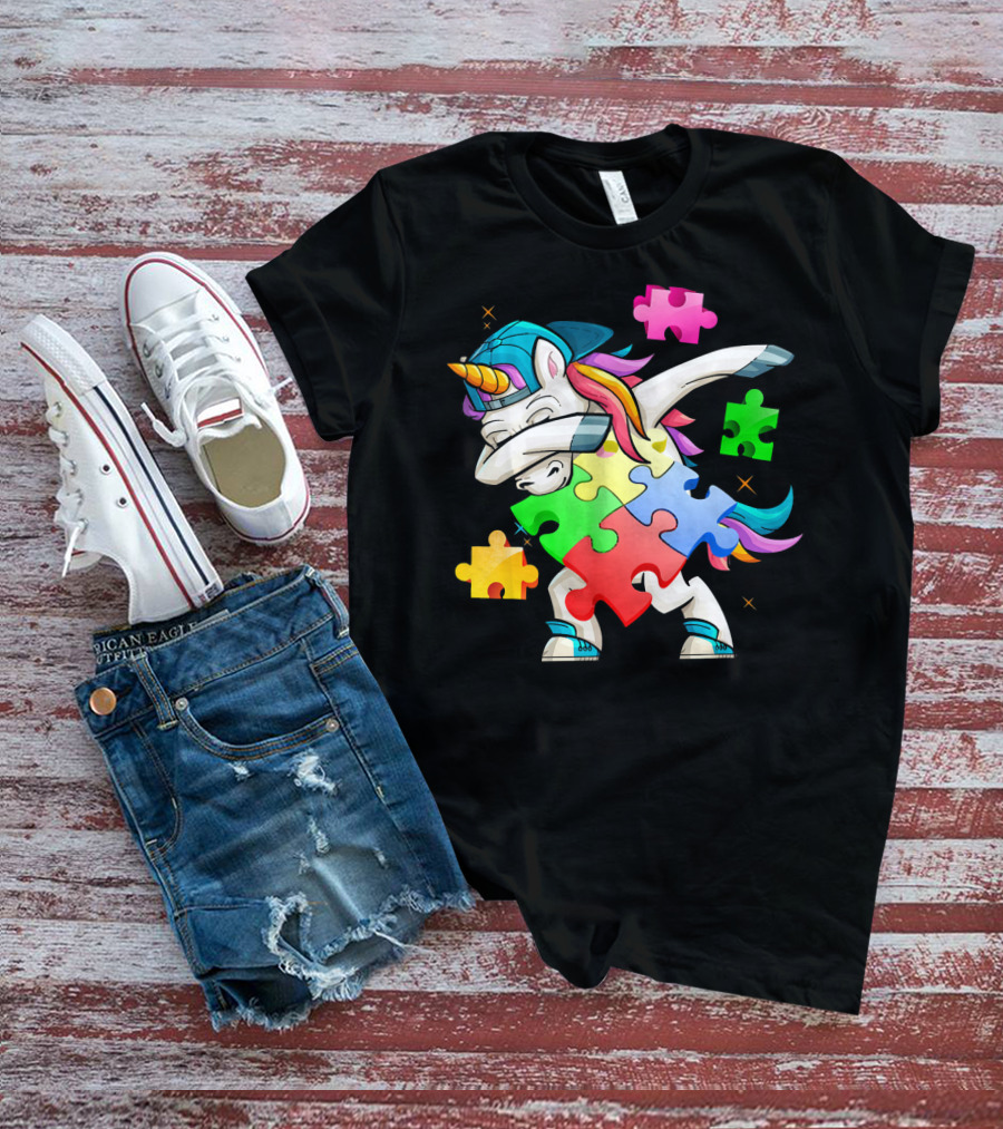 Autism Awareness Dabbing Unicorn Rainbow Puzzle Pieces T-Shirt