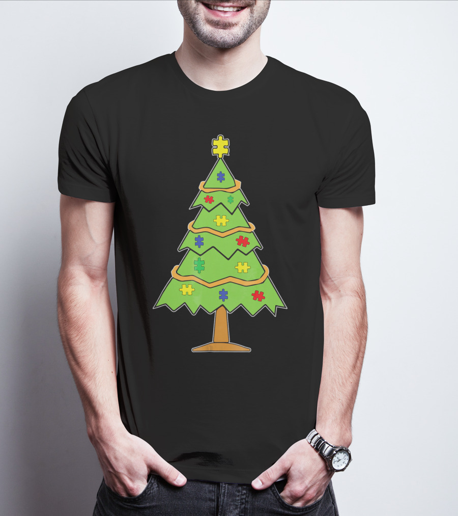 Autism Awareness Christmas Tree With Colorful Puzzle Pieces T-Shirt