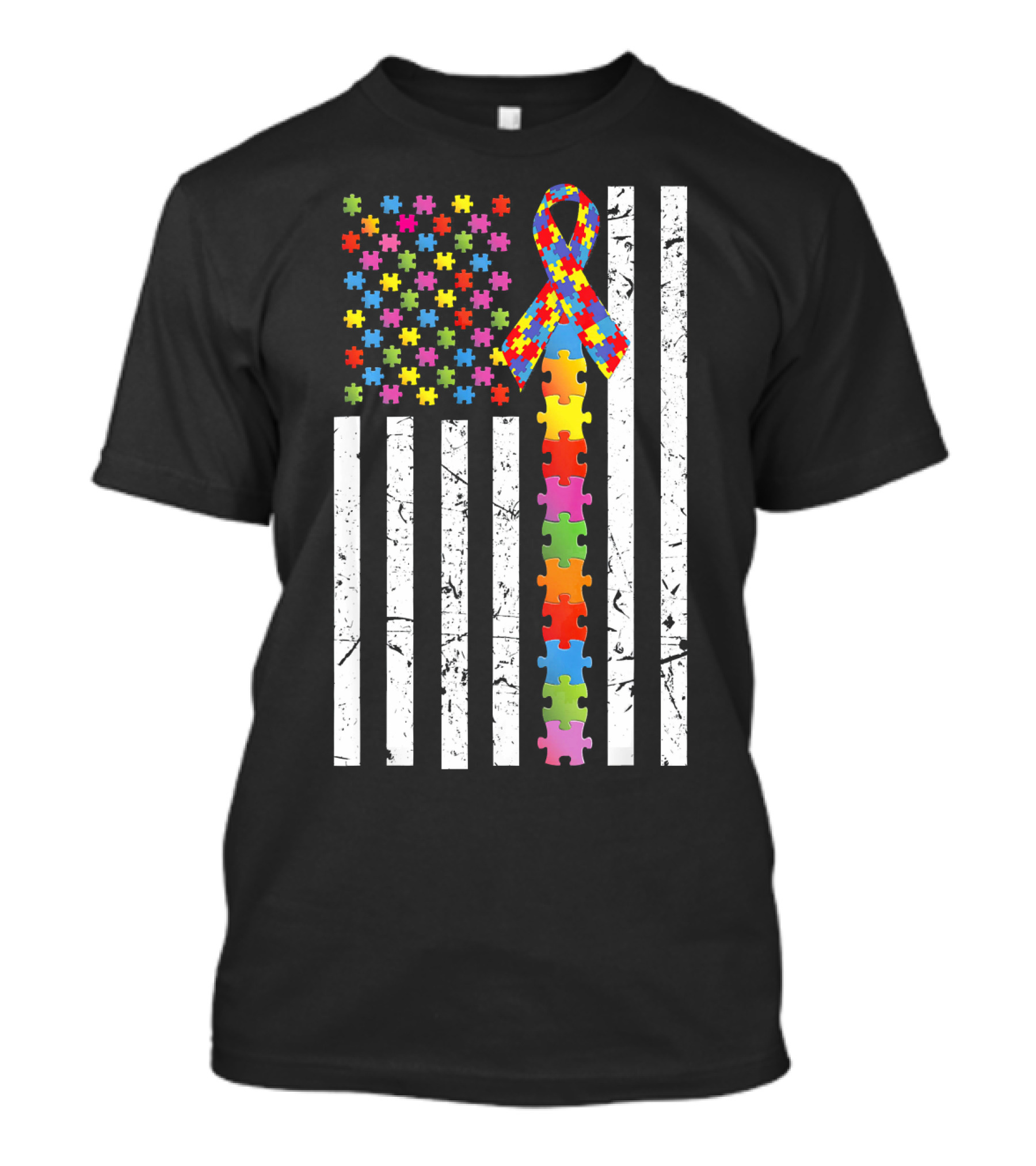 Autism Awareness US Flag Puzzle Ribbon T-Shirt