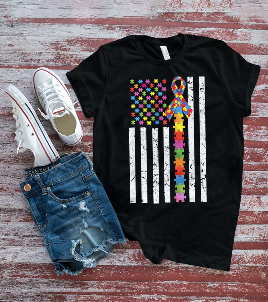 Autism Awareness US Flag Puzzle Ribbon T-Shirt