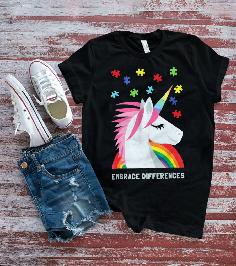 Embrace Differences Unicorn Rainbow Autism Awareness T-Shirt