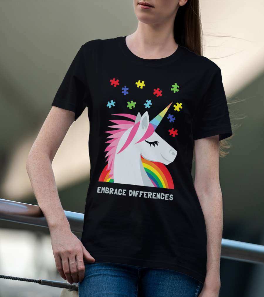 Embrace Differences Unicorn Rainbow Autism Awareness T-Shirt