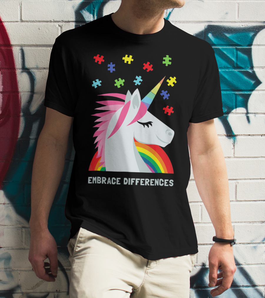 Embrace Differences Unicorn Rainbow Autism Awareness T-Shirt