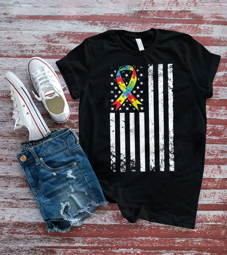 Vintage Autism Awareness Puzzle Ribbon US Flag T-Shirt