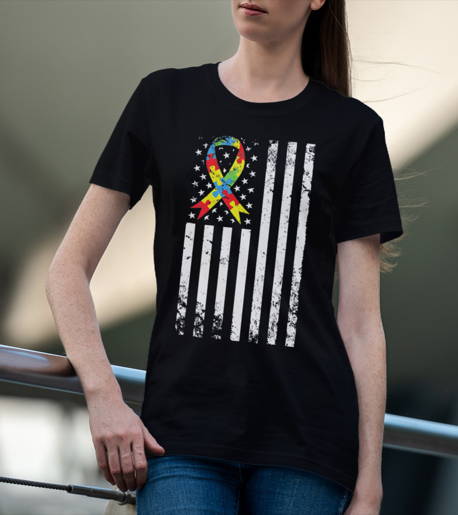 Vintage Autism Awareness Puzzle Ribbon US Flag T-Shirt