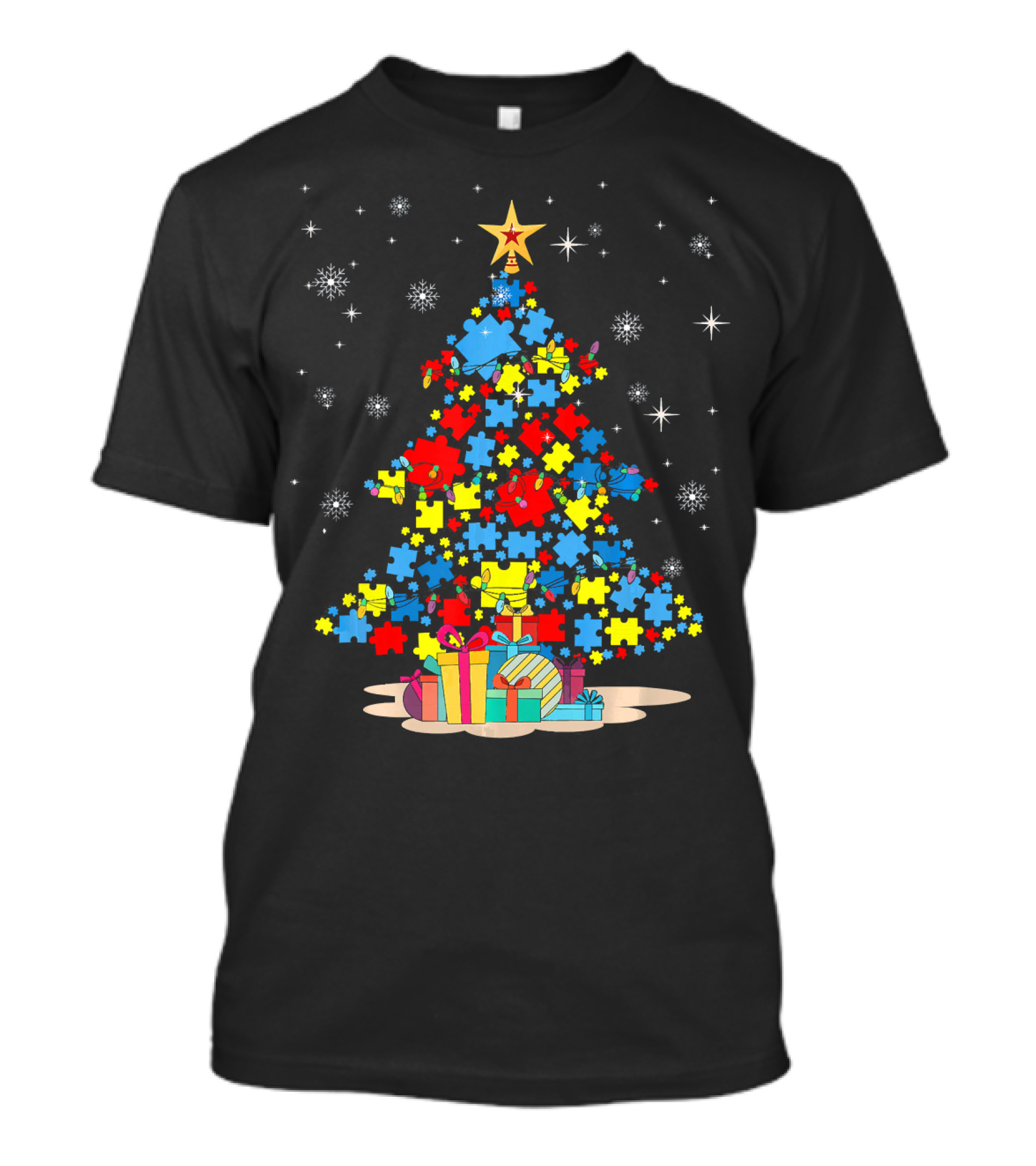 Puzzle Pieces Christmas Tree Autism Awareness Holiday T-Shirt