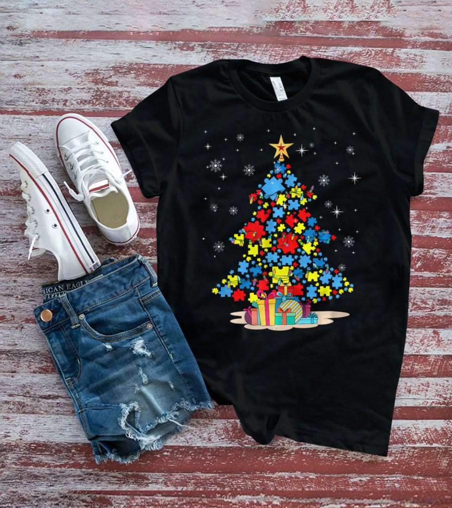 Puzzle Pieces Christmas Tree Autism Awareness Holiday T-Shirt