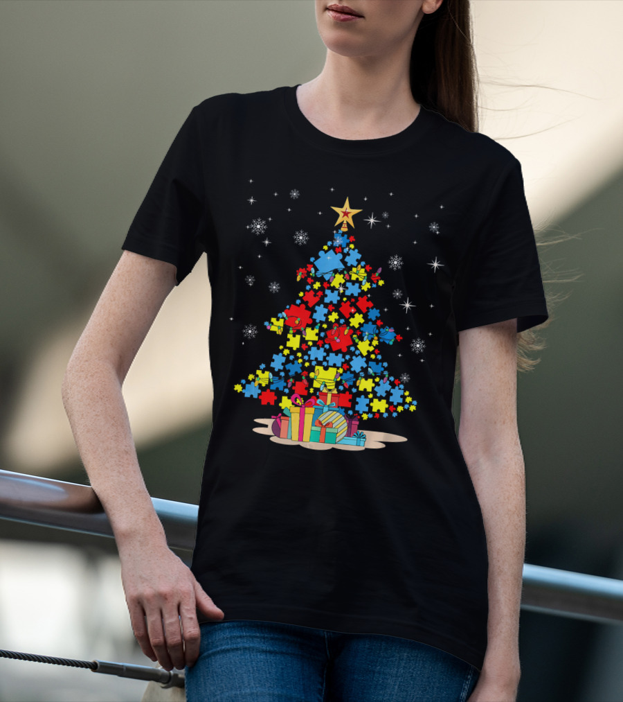 Puzzle Pieces Christmas Tree Autism Awareness Holiday T-Shirt