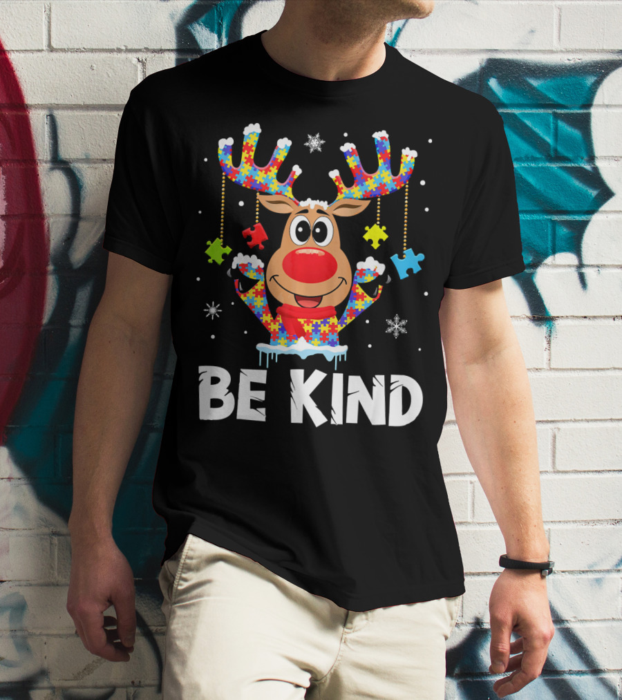 Be Kind Reindeer Puzzle Pieces Autism Awareness T-Shirt