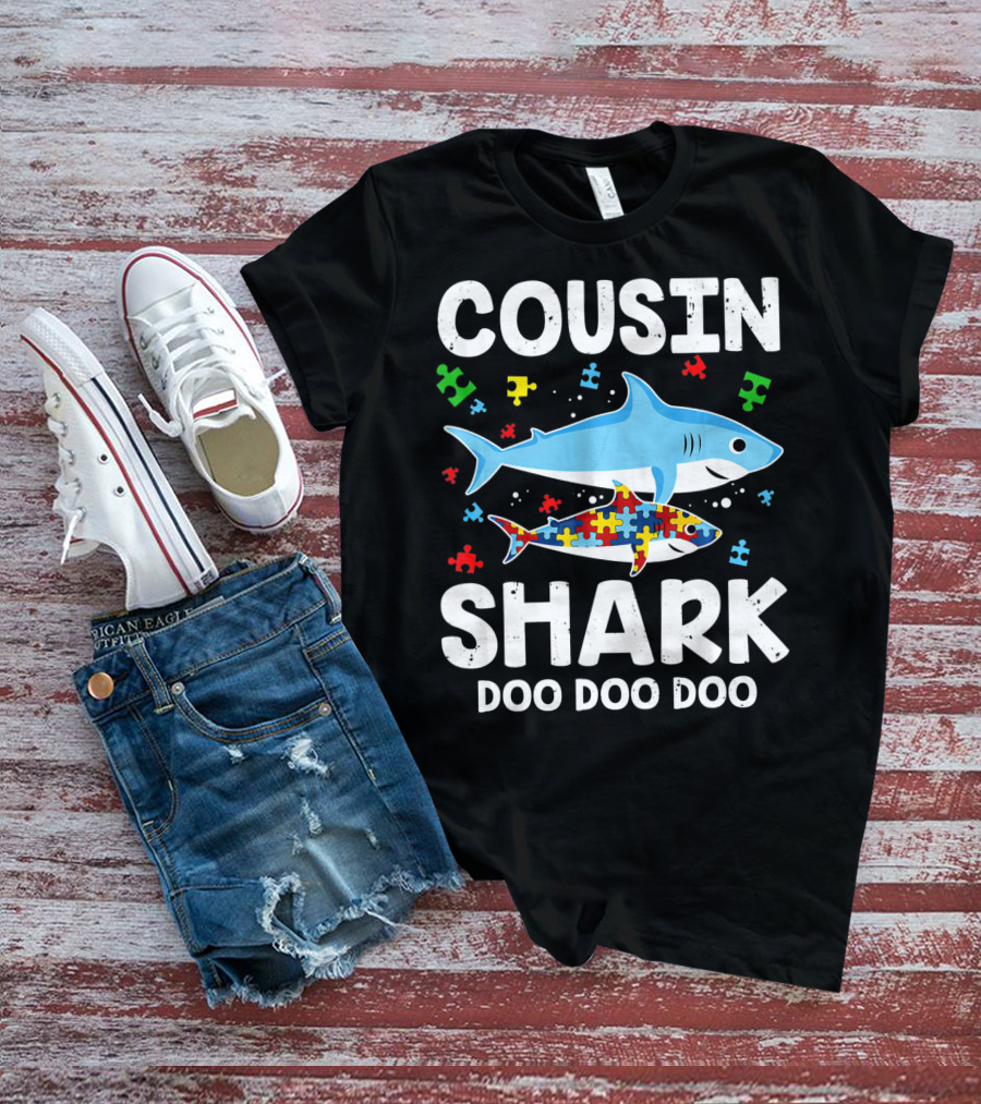 Cousin Shark Doo Doo Doo Autism Awareness Puzzle Pieces T-Shirt