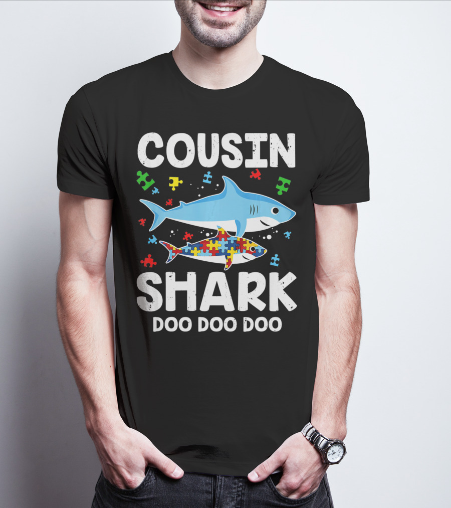 Cousin Shark Doo Doo Doo Autism Awareness Puzzle Pieces T-Shirt