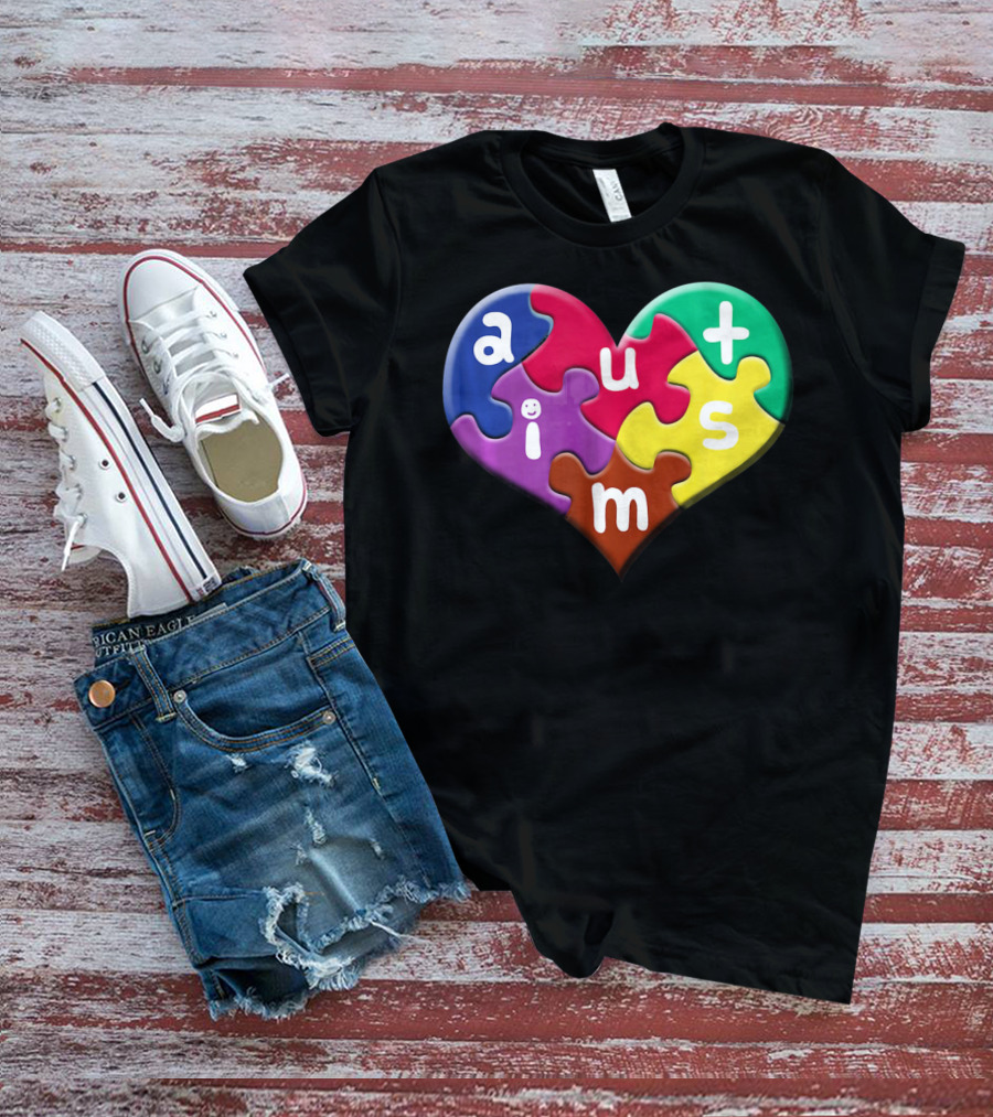 Autism Awareness Heart Puzzle Pieces Love Smile Colorful T-Shirt