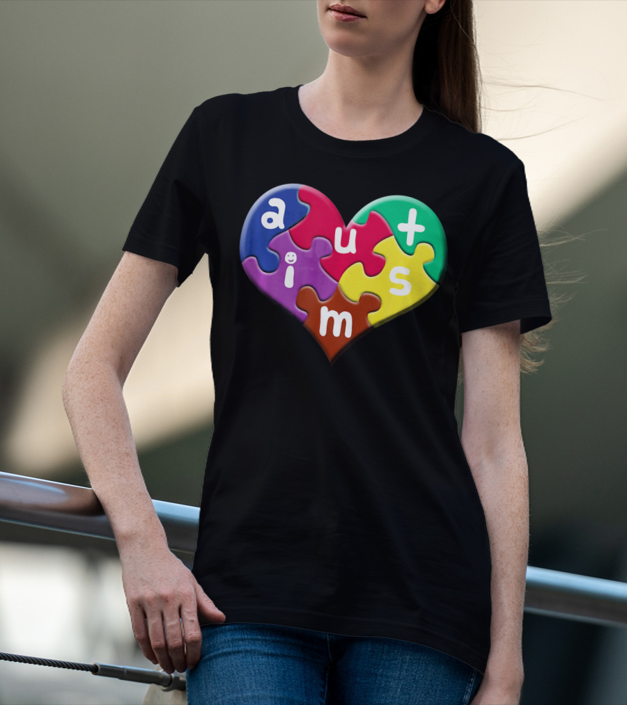 Autism Awareness Heart Puzzle Pieces Love Smile Colorful T-Shirt
