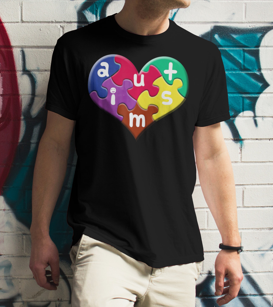 Autism Awareness Heart Puzzle Pieces Love Smile Colorful T-Shirt