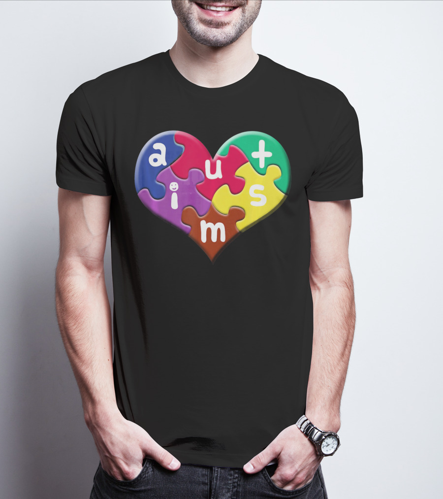 Autism Awareness Heart Puzzle Pieces Love Smile Colorful T-Shirt