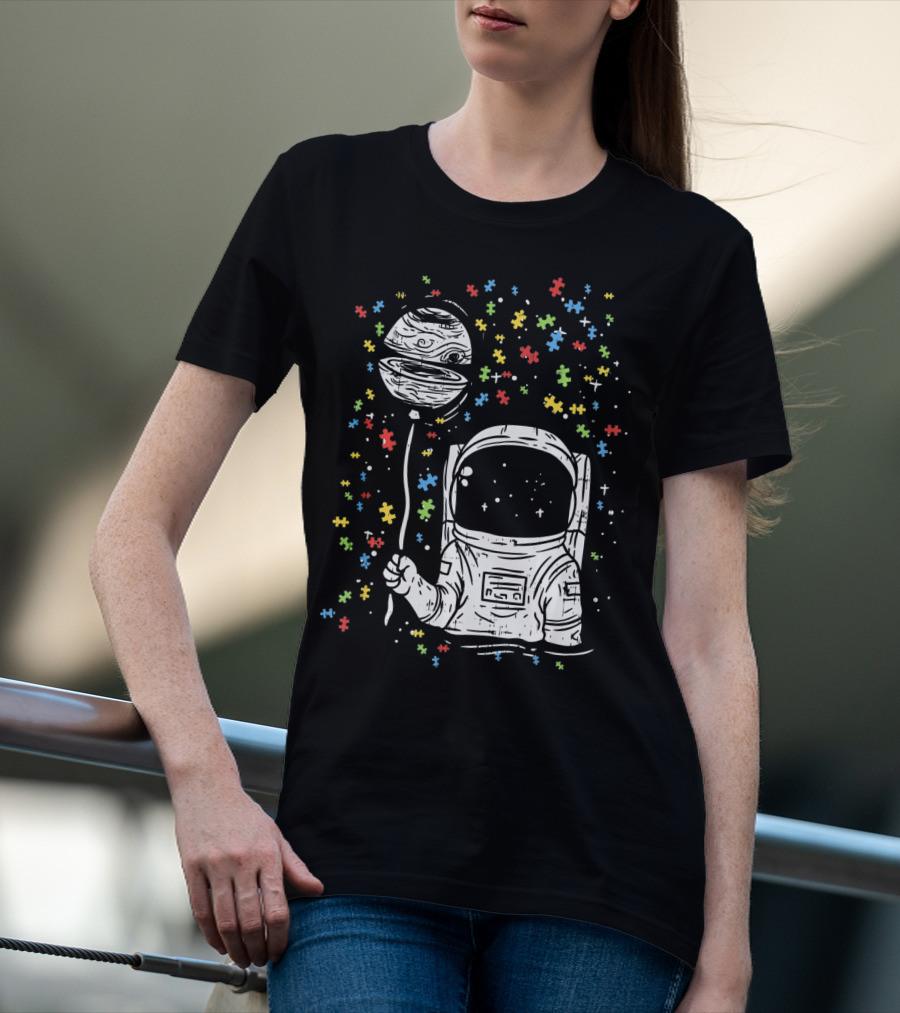 Astronaut Holding Planet Balloon With Puzzle Pieces For Autism Awareness T-Shirt