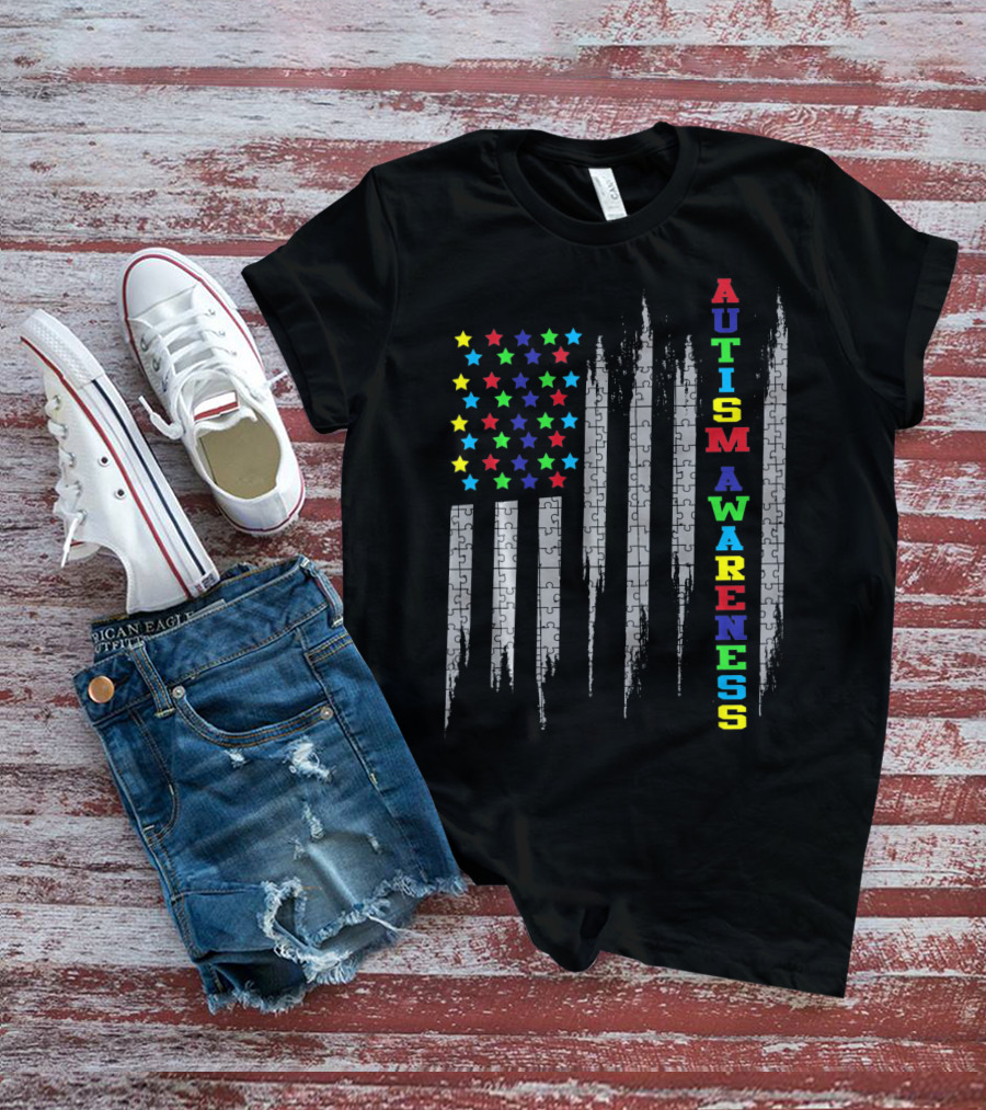 AUTISM AWARENESS DAY USA FLAG PUZZLE STARS T-Shirt