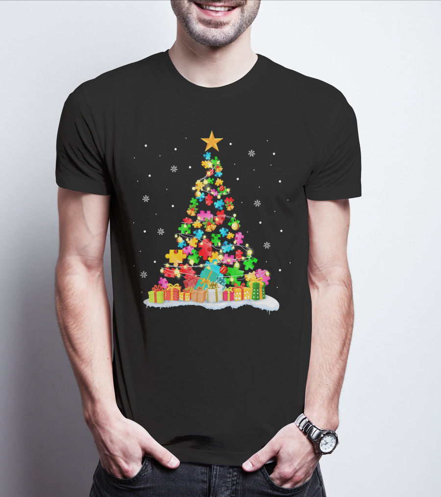 Autism Awareness Puzzle Piece Christmas Tree Holiday T-Shirt