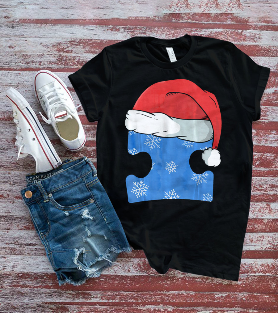 Autism Awareness Puzzle Piece Blue Snowflake Santa Hat T-Shirt