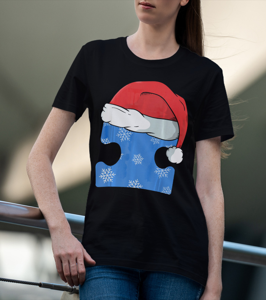Autism Awareness Puzzle Piece Blue Snowflake Santa Hat T-Shirt