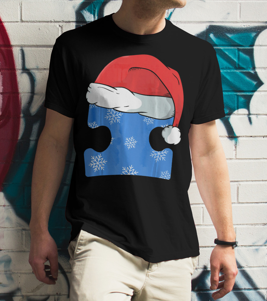 Autism Awareness Puzzle Piece Blue Snowflake Santa Hat T-Shirt