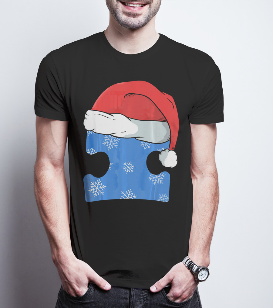 Autism Awareness Puzzle Piece Blue Snowflake Santa Hat T-Shirt