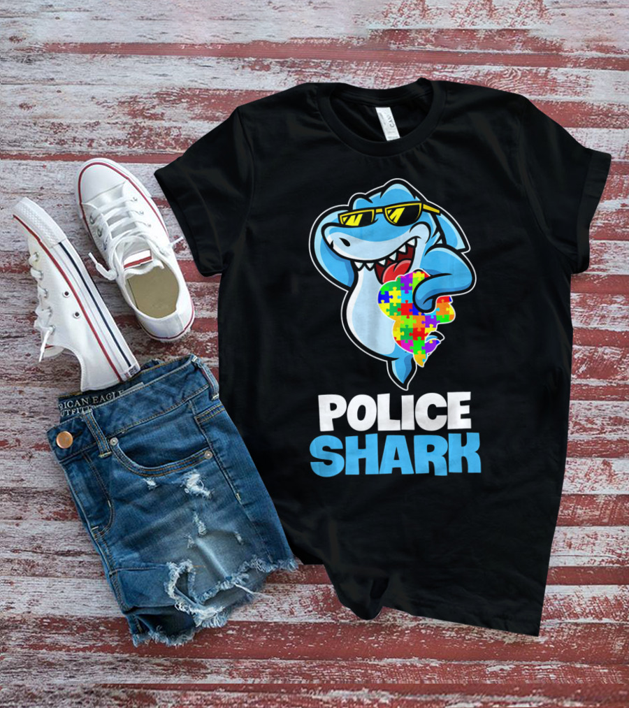 Police Shark Holding Autism Awareness Puzzle Heart T-Shirt