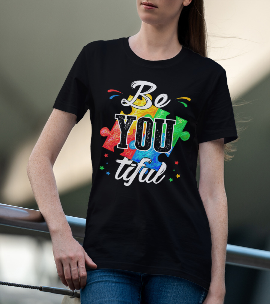Be You Tiful Autism Awareness Colorful Puzzle Pieces With Stars T-Shirt
