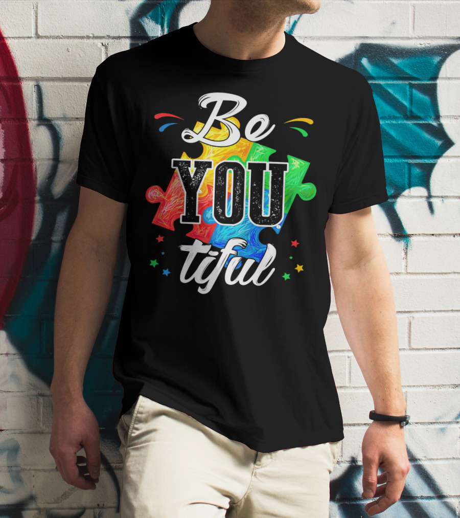 Be You Tiful Autism Awareness Colorful Puzzle Pieces With Stars T-Shirt