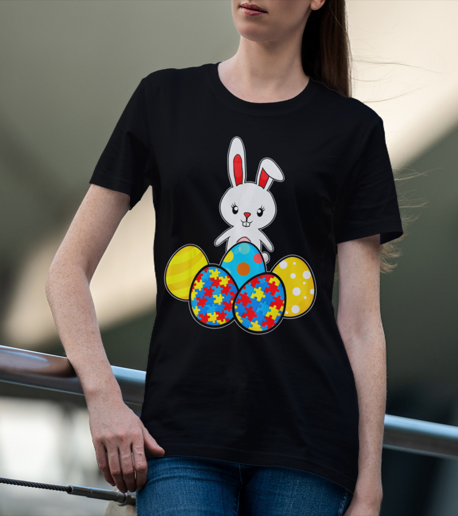 Easter Bunny With Autism Awareness Puzzle Pattern Eggs T-Shirt