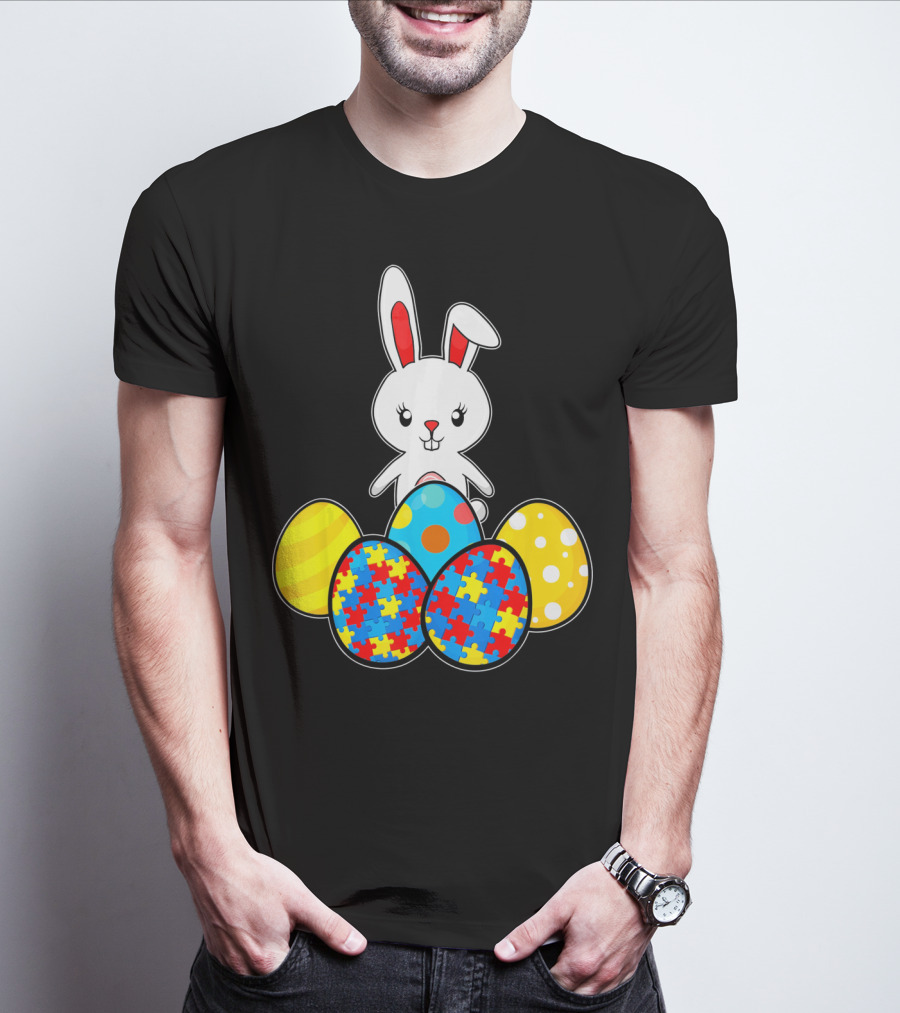 Easter Bunny With Autism Awareness Puzzle Pattern Eggs T-Shirt
