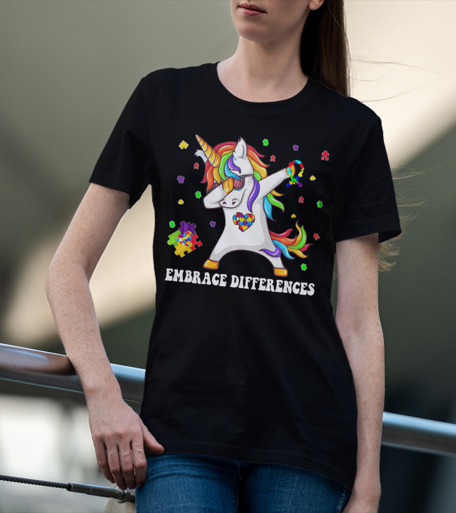 Embrace Differences Unicorn Autism Aware Puzzle Pieces T-Shirt