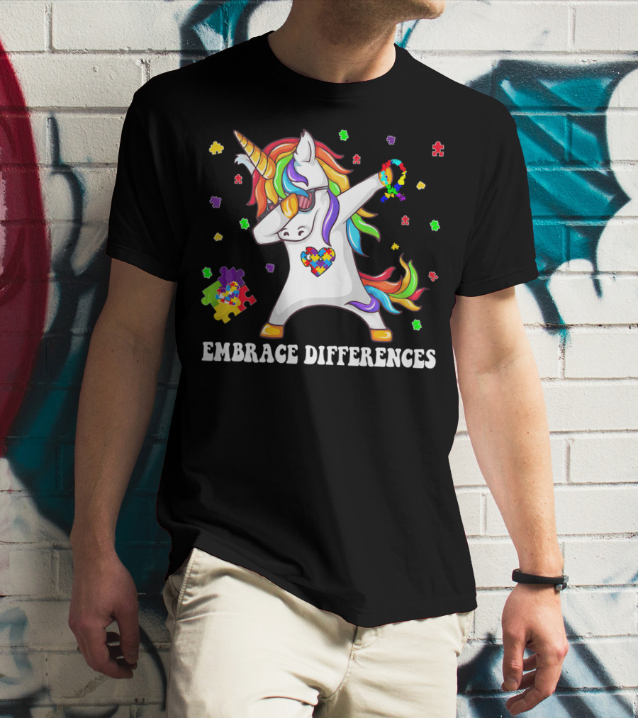 Embrace Differences Unicorn Autism Aware Puzzle Pieces T-Shirt